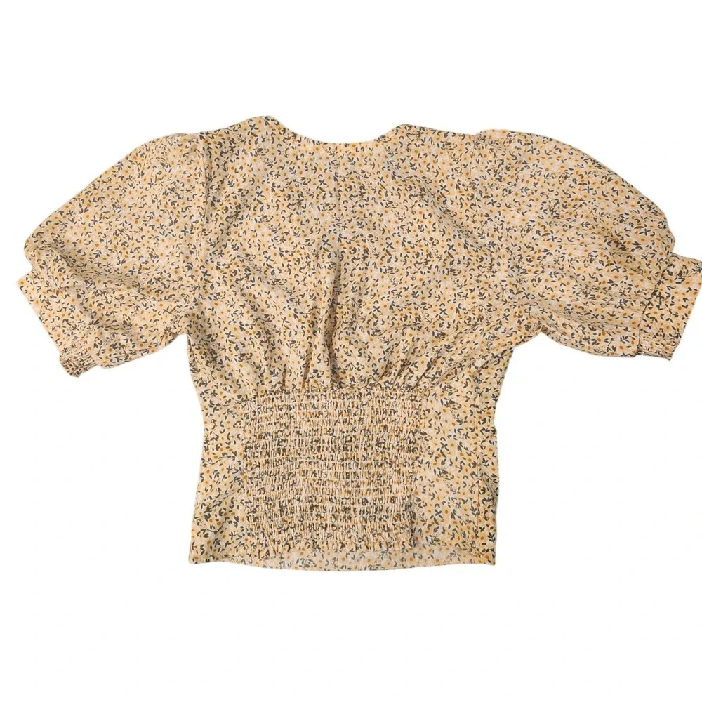Abercrombie & Fitch Floral Wrap Top Yellow Puff Sleeve  Cottage‎ Boho Feminine S